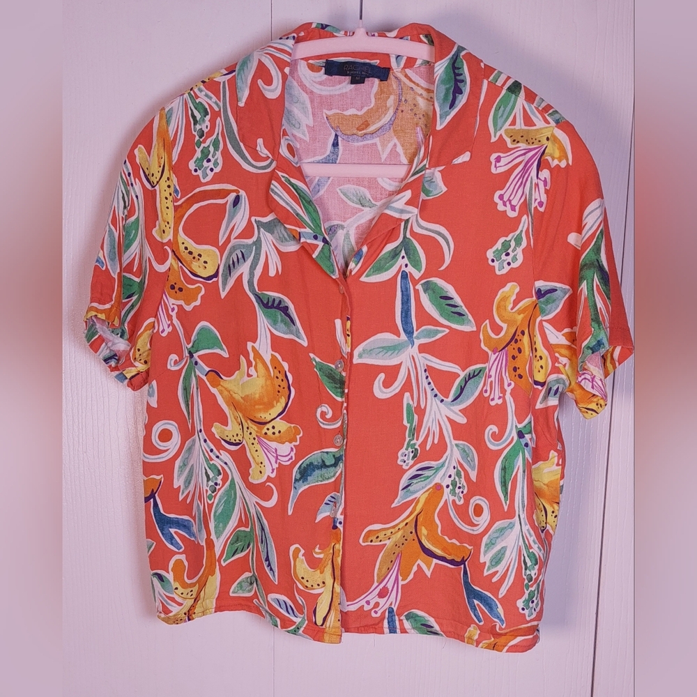 Rachel Roy Colorful Linen Blend Cropped Button Front Blouse Size Medium Tropical